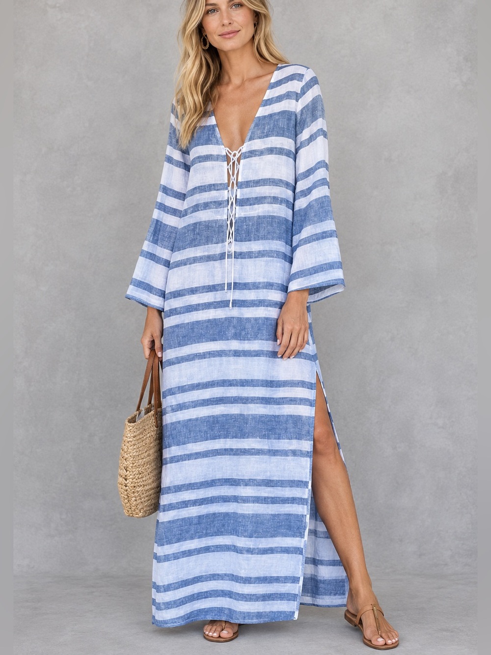 Island Company Cortes Caftan Sz S 100% Linen Maxi Dress Long Sleeve Striped Chic